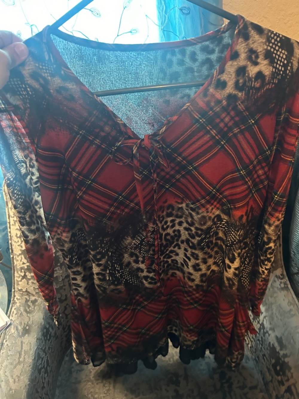 Red Plaid & Leopard-Print Tie-Neck Tunic Top